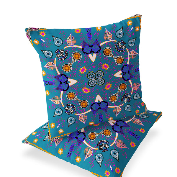 Homeroots Set Of Two 16" X 16" Blue Blown Seam Paisley Indoor Outdoor Throw Pillow  Polyester 535776