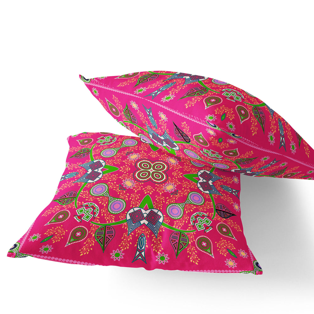 Homeroots Set Of Two 16" X 16" Hot Pink Blown Seam Paisley Indoor Outdoor Throw Pillow  Polyester 535777