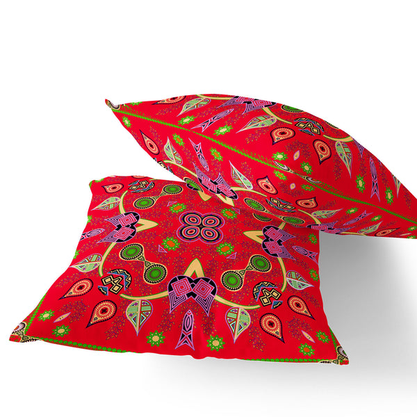 Homeroots Set Of Two 16" X 16" Green And Red Blown Seam Paisley Indoor Outdoor Throw Pillow  Polyester 535780