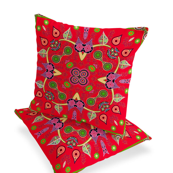 Homeroots Set Of Two 16" X 16" Green And Red Blown Seam Paisley Indoor Outdoor Throw Pillow  Polyester 535780