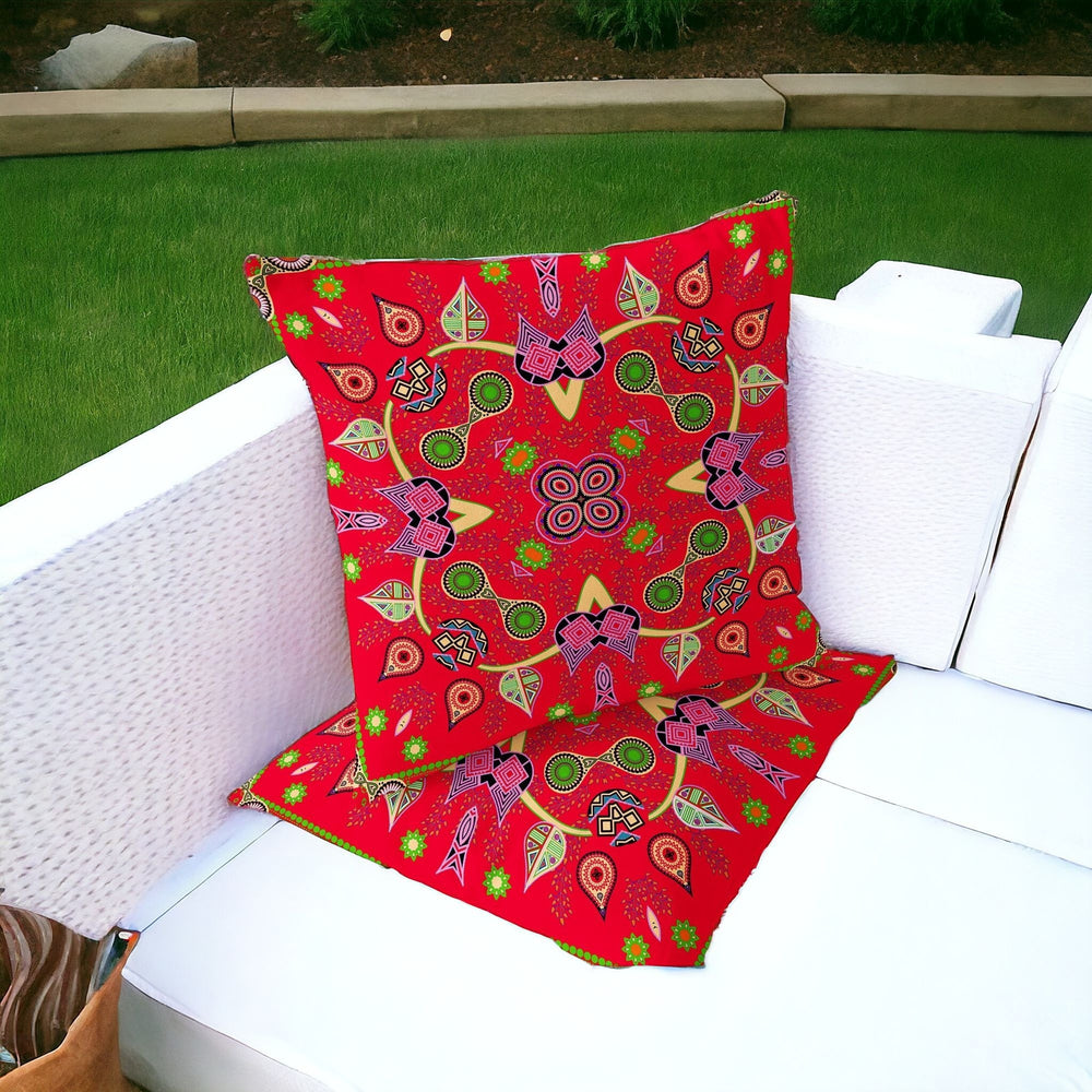 Homeroots Set Of Two 16" X 16" Green And Red Blown Seam Paisley Indoor Outdoor Throw Pillow  Polyester 535780