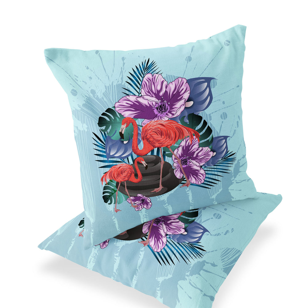 Homeroots Set Of Two 16" X 16" Blue Flamingo Blown Seam Indoor Outdoor Throw Pillow  Polyester 535813