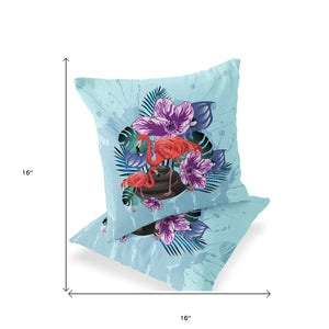 Homeroots Set Of Two 16" X 16" Blue Flamingo Blown Seam Indoor Outdoor Throw Pillow  Polyester 535813