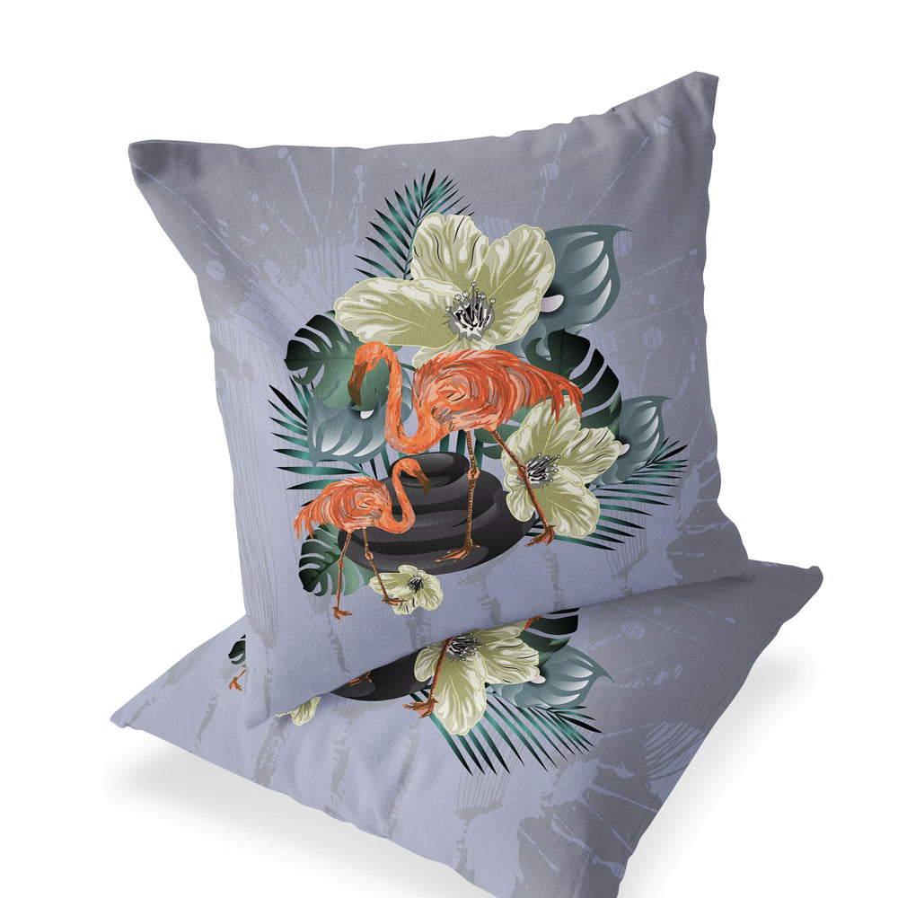 Homeroots Set Of Two 16" X 16" Gray And Orange Flamingo Blown Seam Floral Indoor Outdoor Throw Pillow  Polyester 535814