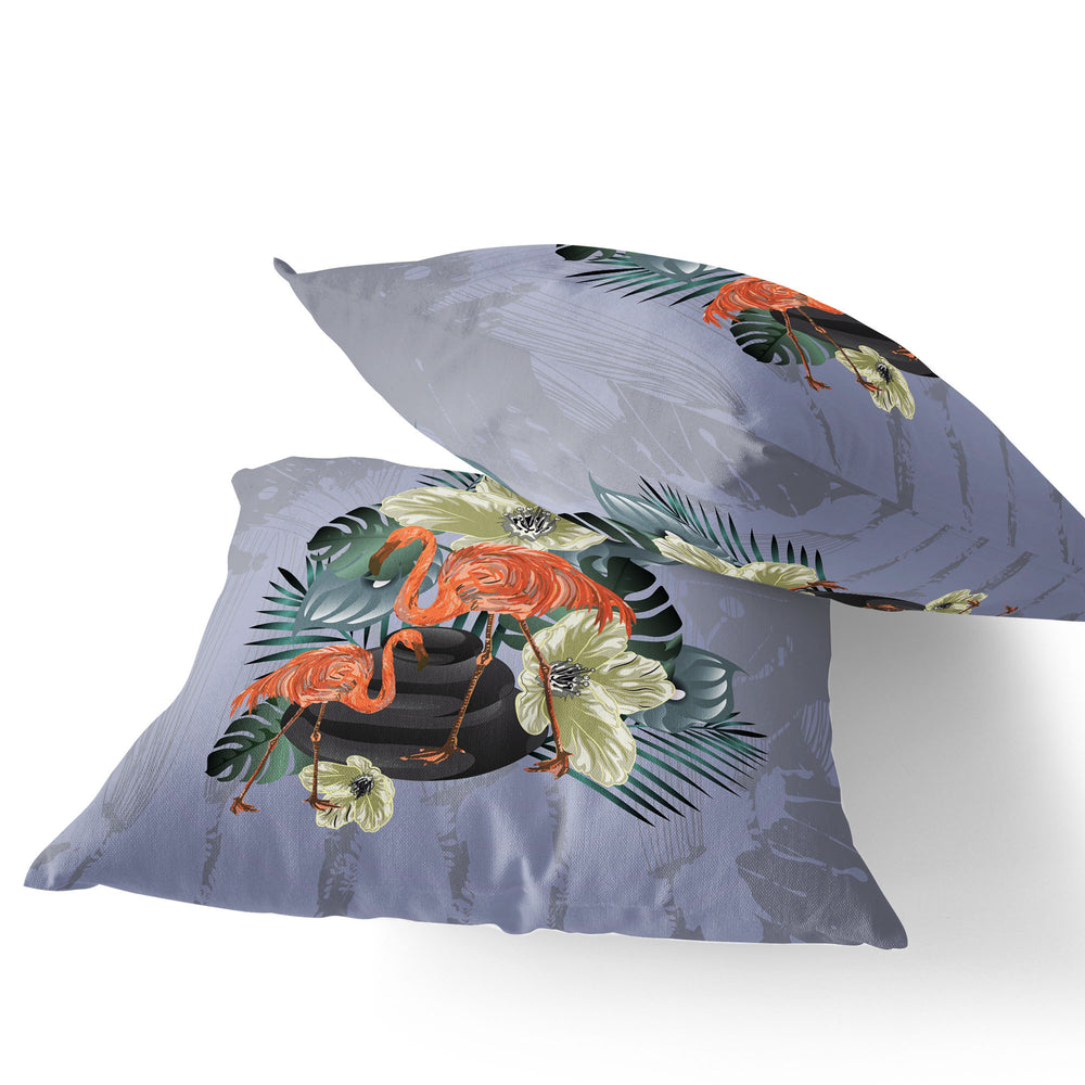 Homeroots Set Of Two 16" X 16" Gray And Orange Flamingo Blown Seam Floral Indoor Outdoor Throw Pillow  Polyester 535814