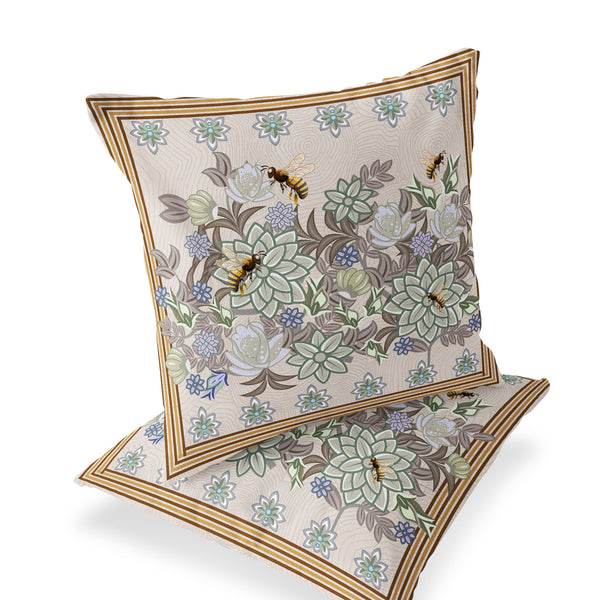 Homeroots Set Of Two 16" X 16" Green Bee Blown Seam Indoor Outdoor Throw Pillow  Polyester 535820