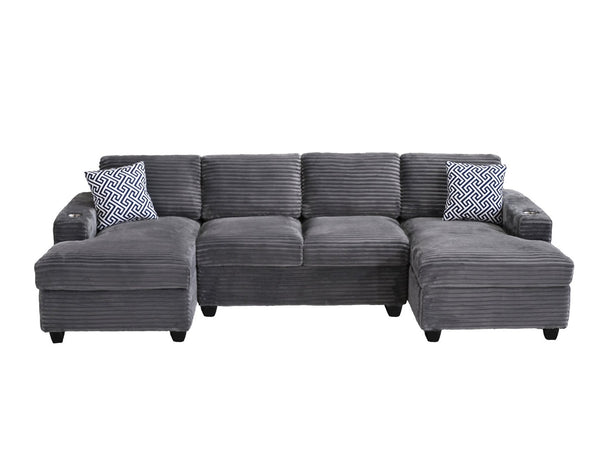English Elm Multifunctional Corduroy Modular Sectional with Dual Chaise Cup Holders Living Room Dark Gray B2730S00072