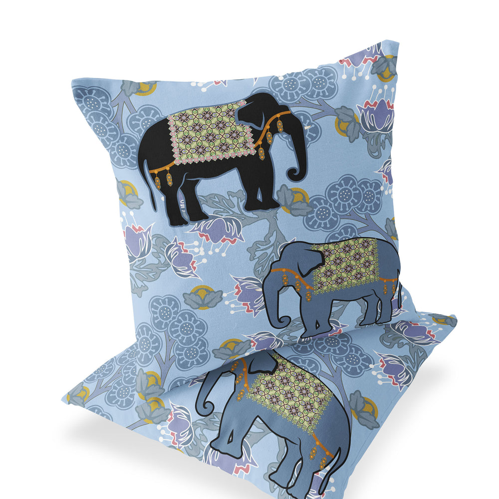 Homeroots Set Of Two 16" X 16" Blue And Black Elephant Indoor Outdoor Throw Pillow  Polyester 535826