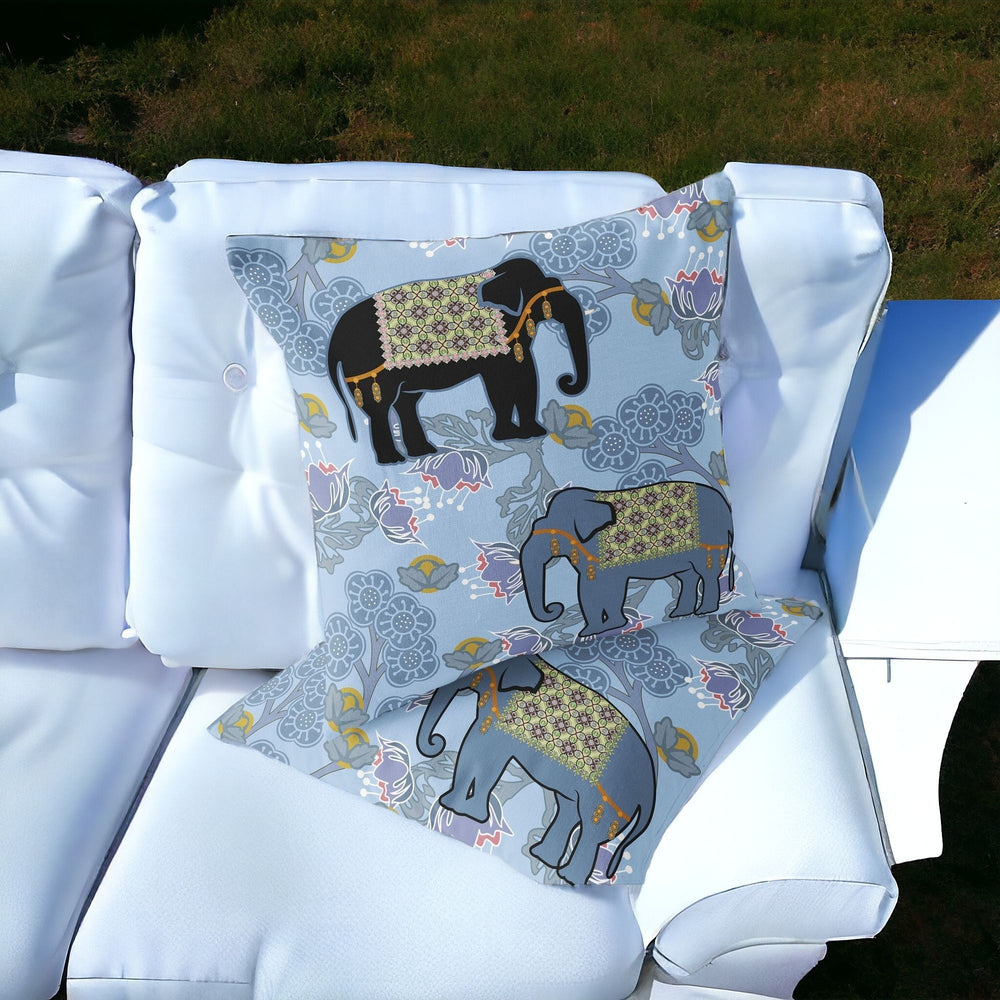 Homeroots Set Of Two 16" X 16" Blue And Black Elephant Indoor Outdoor Throw Pillow  Polyester 535826