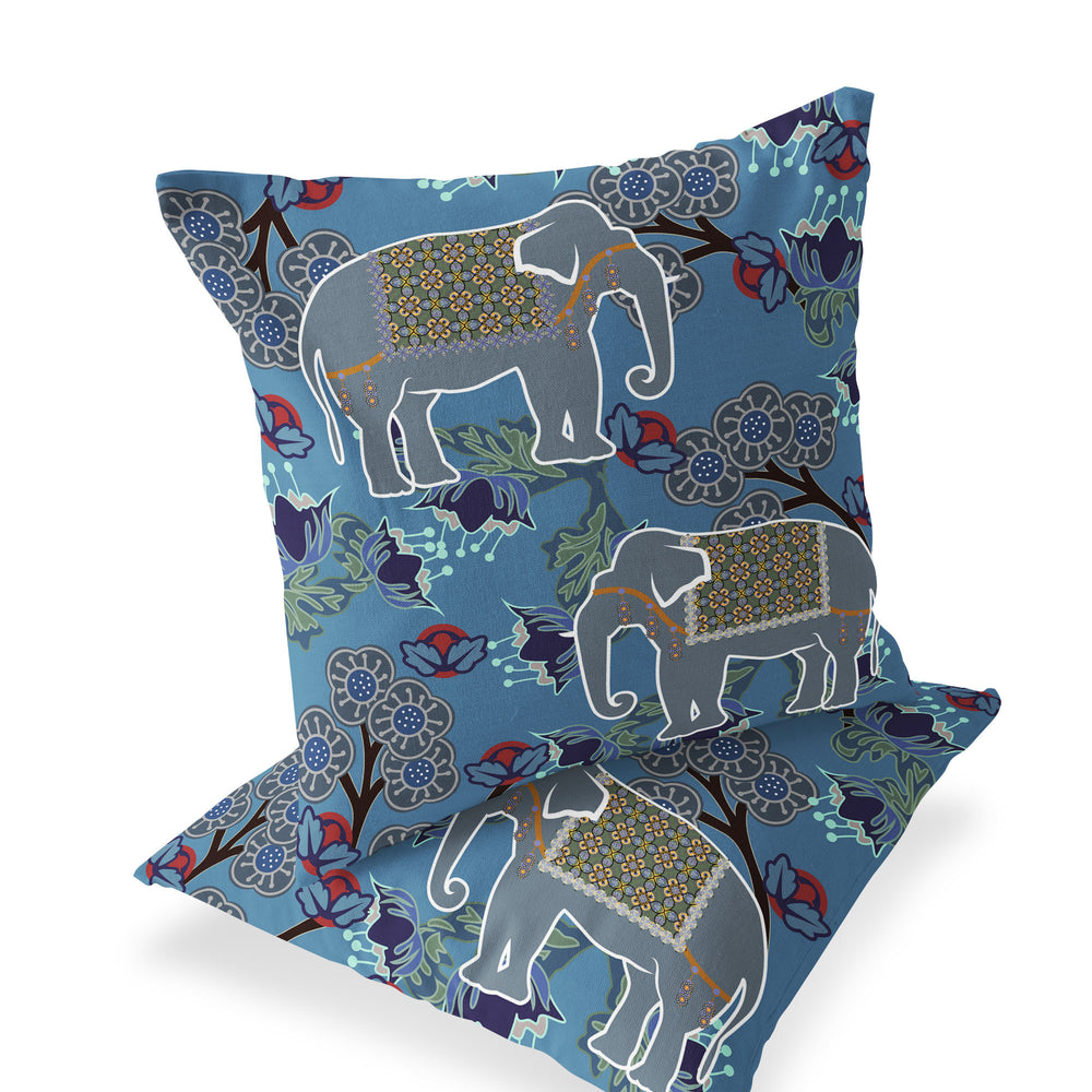 Homeroots Set Of Two 16" X 16" Blue And White Elephant Indoor Outdoor Throw Pillow  Polyester 535827