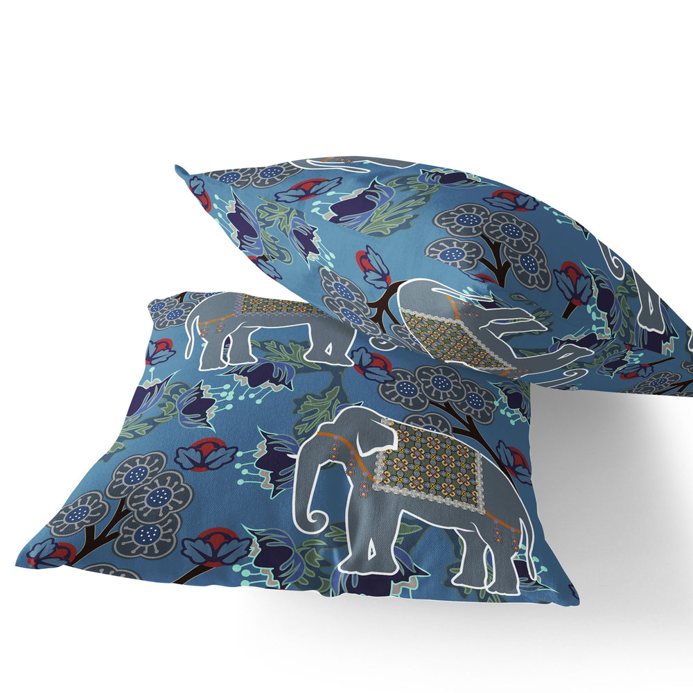 Homeroots Set Of Two 16" X 16" Blue And White Elephant Indoor Outdoor Throw Pillow  Polyester 535827