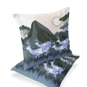 Homeroots Set Of Two 16" X 16" Blue And Green Reindeer Indoor Outdoor Throw Pillow  Polyester 535837