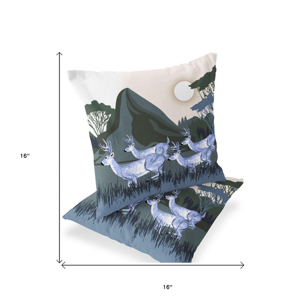 Homeroots Set Of Two 16" X 16" Blue And Green Reindeer Indoor Outdoor Throw Pillow  Polyester 535837