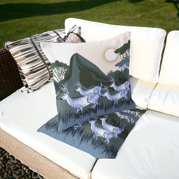 Homeroots Set Of Two 16" X 16" Blue And Green Reindeer Indoor Outdoor Throw Pillow  Polyester 535837