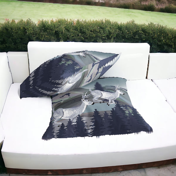 Homeroots Set Of Two 16" X 16" Blue And Gray Reindeer Indoor Outdoor Throw Pillow  Polyester 535844