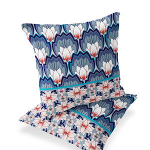 Homeroots Set Of Two 16" X 16" Blue And Orange Botanical Indoor Outdoor Throw Pillow  Polyester 535845