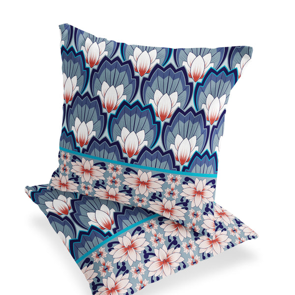 Homeroots Set Of Two 16" X 16" Blue And Orange Botanical Indoor Outdoor Throw Pillow  Polyester 535845