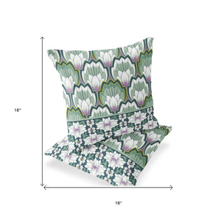 Homeroots Set Of Two 16" X 16" Green And Pink Botanical Indoor Outdoor Throw Pillow  Polyester 535846