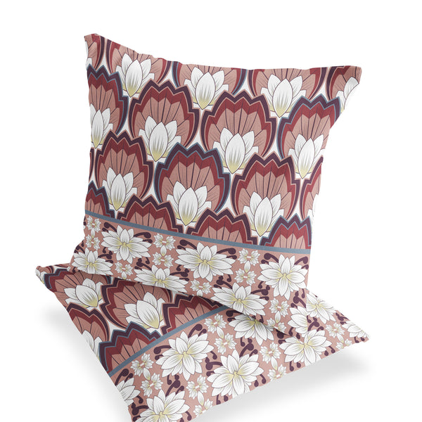 Homeroots Set Of Two 16" X 16" Red And White Botanical Indoor Outdoor Throw Pillow  Polyester 535849