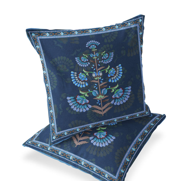 Homeroots Set Of Two 16" X 16" Blue And Brown Botanical Indoor Outdoor Throw Pillow  Polyester 535853