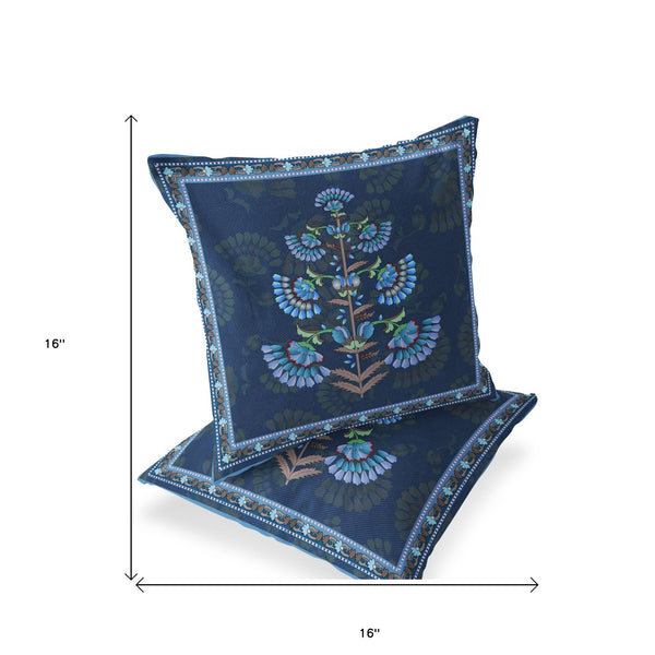 Homeroots Set Of Two 16" X 16" Blue And Brown Botanical Indoor Outdoor Throw Pillow  Polyester 535853