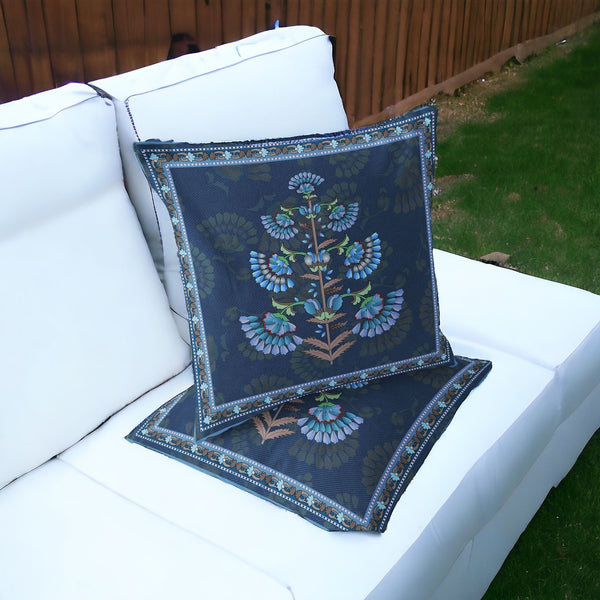 Homeroots Set Of Two 16" X 16" Blue And Brown Botanical Indoor Outdoor Throw Pillow  Polyester 535853