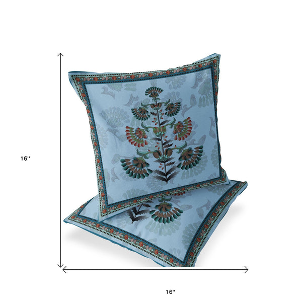 Homeroots Set Of Two 16" X 16" Blue And Green Botanical Indoor Outdoor Throw Pillow  Polyester 535854