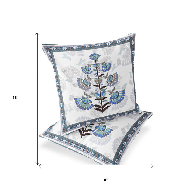 Homeroots Set Of Two 16" X 16" Blue And Off White Botanical Indoor Outdoor Throw Pillow  Polyester 535855