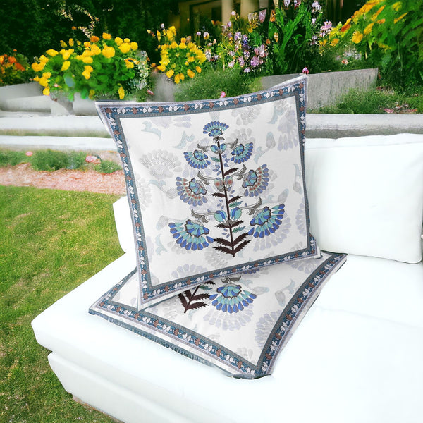 Homeroots Set Of Two 16" X 16" Blue And Off White Botanical Indoor Outdoor Throw Pillow  Polyester 535855
