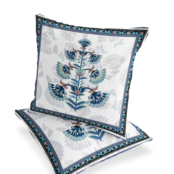 Homeroots Set Of Two 16" X 16" Blue And Off White Botanical Indoor Outdoor Throw Pillow  Polyester 535856