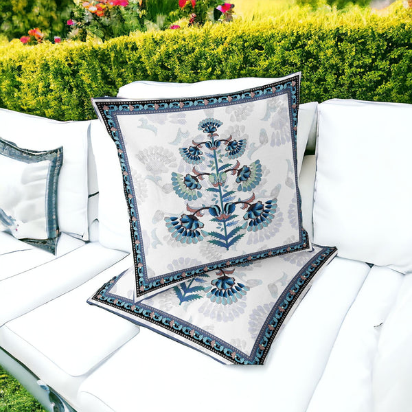Homeroots Set Of Two 16" X 16" Blue And Off White Botanical Indoor Outdoor Throw Pillow  Polyester 535856