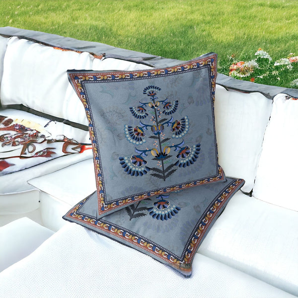 Homeroots Set Of Two 16" X 16" Blue And Gray Botanical Indoor Outdoor Throw Pillow  Polyester 535857