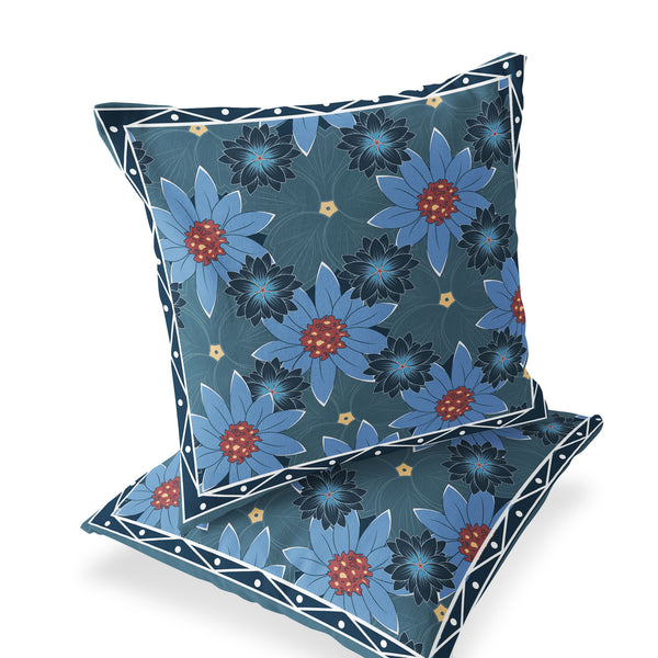 Homeroots Set Of Two 16" X 16" Blue And Yellow Botanical Indoor Outdoor Throw Pillow  Polyester 535860