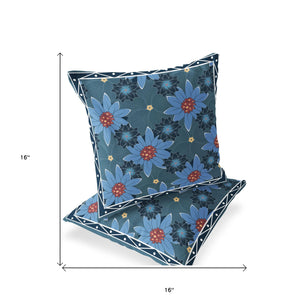 Homeroots Set Of Two 16" X 16" Blue And Yellow Botanical Indoor Outdoor Throw Pillow  Polyester 535860