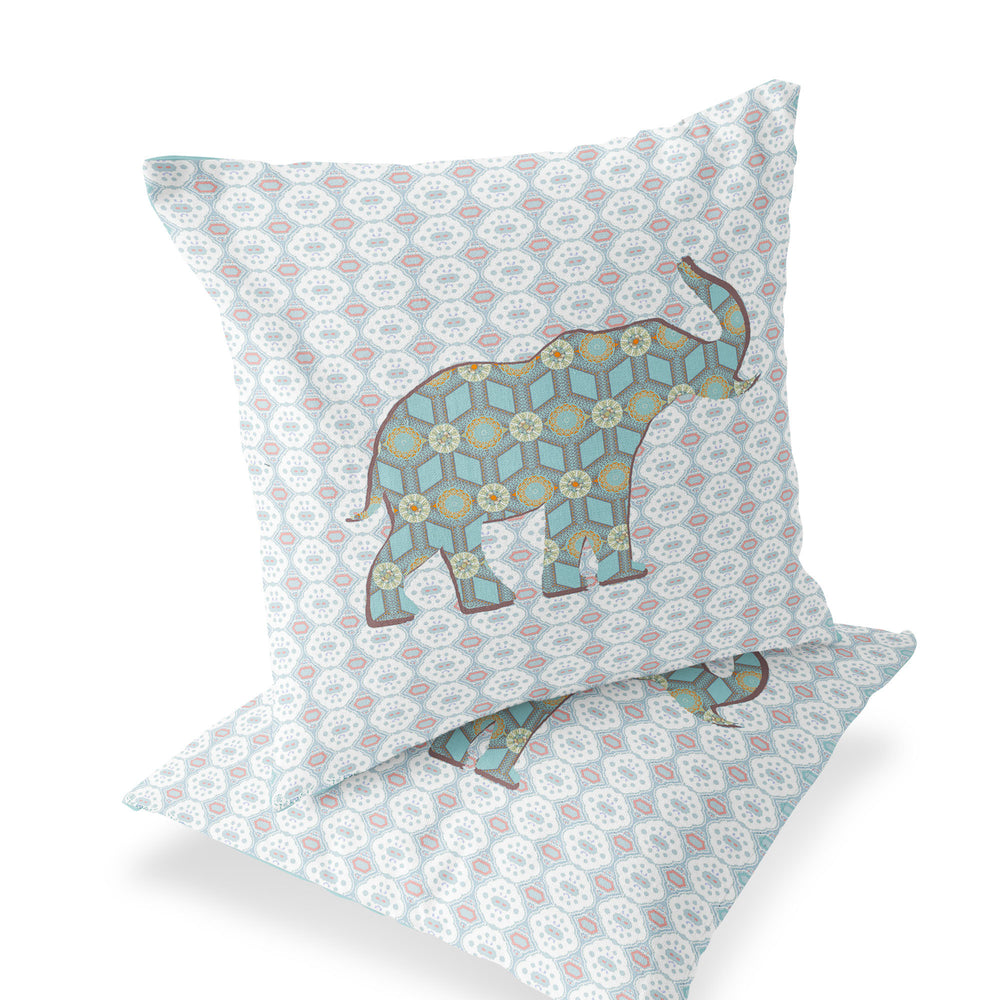Homeroots Set Of Two 16" X 16" Blue And White Elephant Eclectic Indoor Outdoor Throw Pillow  Polyester 535863