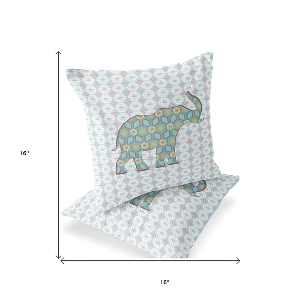 Homeroots Set Of Two 16" X 16" Blue And White Elephant Eclectic Indoor Outdoor Throw Pillow  Polyester 535863