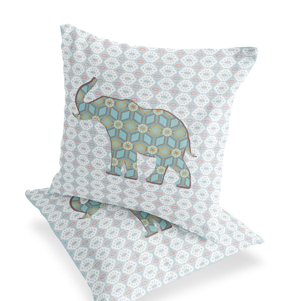 Homeroots Set Of Two 16" X 16" Blue And White Elephant Eclectic Indoor Outdoor Throw Pillow  Polyester 535863