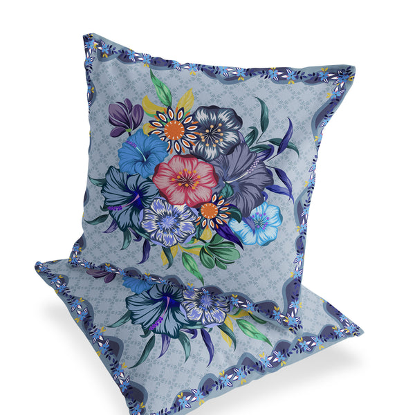 Homeroots Set Of Two 16" X 16" Blue And Gray Botanical Indoor Outdoor Throw Pillow  Polyester 535866