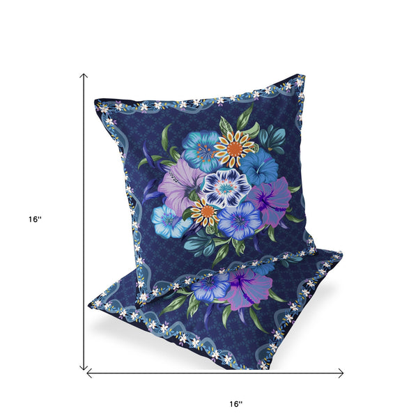 Homeroots Set Of Two 16" X 16" Blue And Yellow Botanical Indoor Outdoor Throw Pillow  Polyester 535867