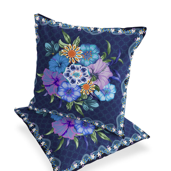 Homeroots Set Of Two 16" X 16" Blue And Yellow Botanical Indoor Outdoor Throw Pillow  Polyester 535867