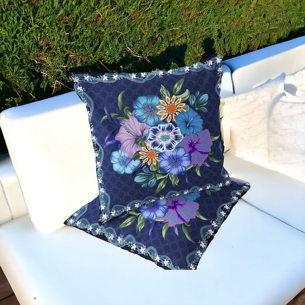 Homeroots Set Of Two 16" X 16" Blue And Yellow Botanical Indoor Outdoor Throw Pillow  Polyester 535867
