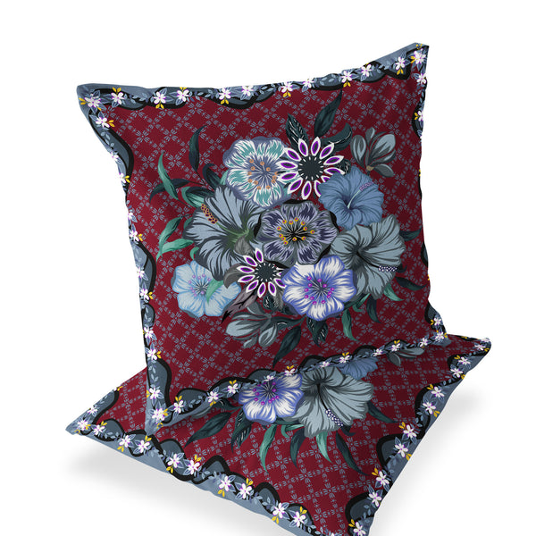 Homeroots Set Of Two 16" X 16" Gray And Red Botanical Indoor Outdoor Throw Pillow  Polyester 535868