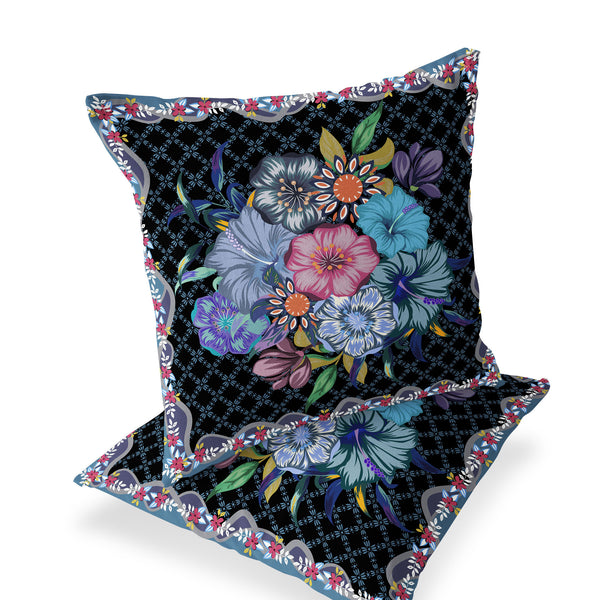 Homeroots Set Of Two 16" X 16" Black And Blue Botanical Indoor Outdoor Throw Pillow  Polyester 535871
