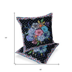 Homeroots Set Of Two 16" X 16" Black And Blue Botanical Indoor Outdoor Throw Pillow  Polyester 535871