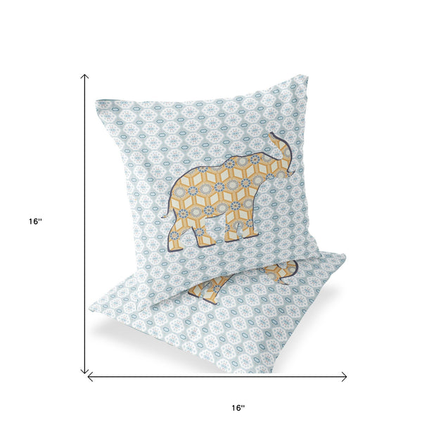Homeroots Set Of Two 16" X 16" Blue And Yellow Elephant Eclectic Indoor Outdoor Throw Pillow  Polyester 535873