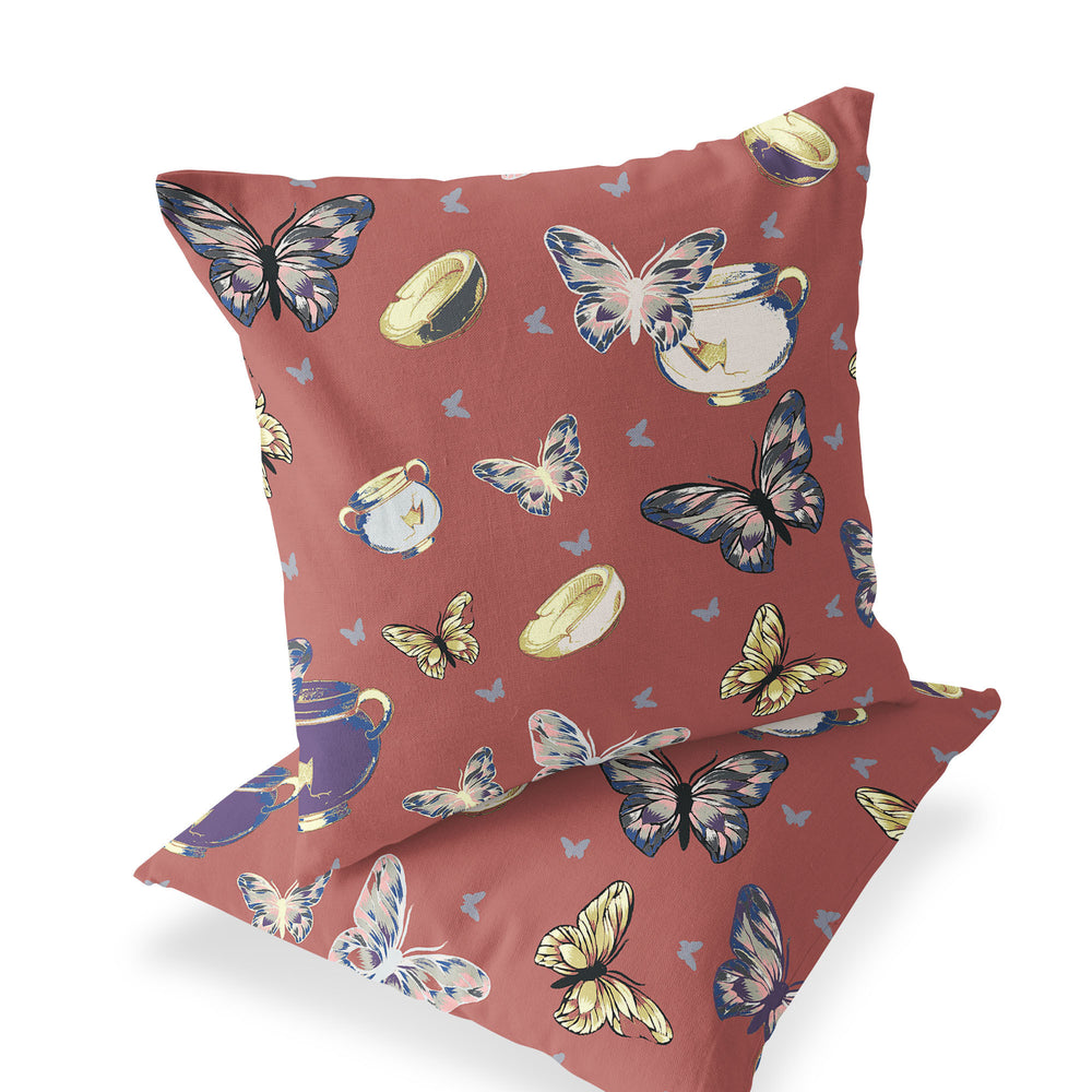 Homeroots Set Of Two 16" X 16" Blue And Orange Butterfly Indoor Outdoor Throw Pillow  Polyester 535876