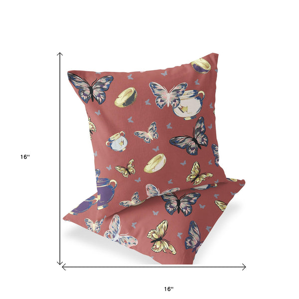 Homeroots Set Of Two 16" X 16" Blue And Orange Butterfly Indoor Outdoor Throw Pillow  Polyester 535876