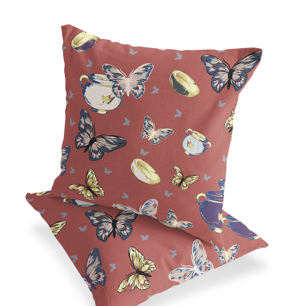 Homeroots Set Of Two 16" X 16" Blue And Orange Butterfly Indoor Outdoor Throw Pillow  Polyester 535876