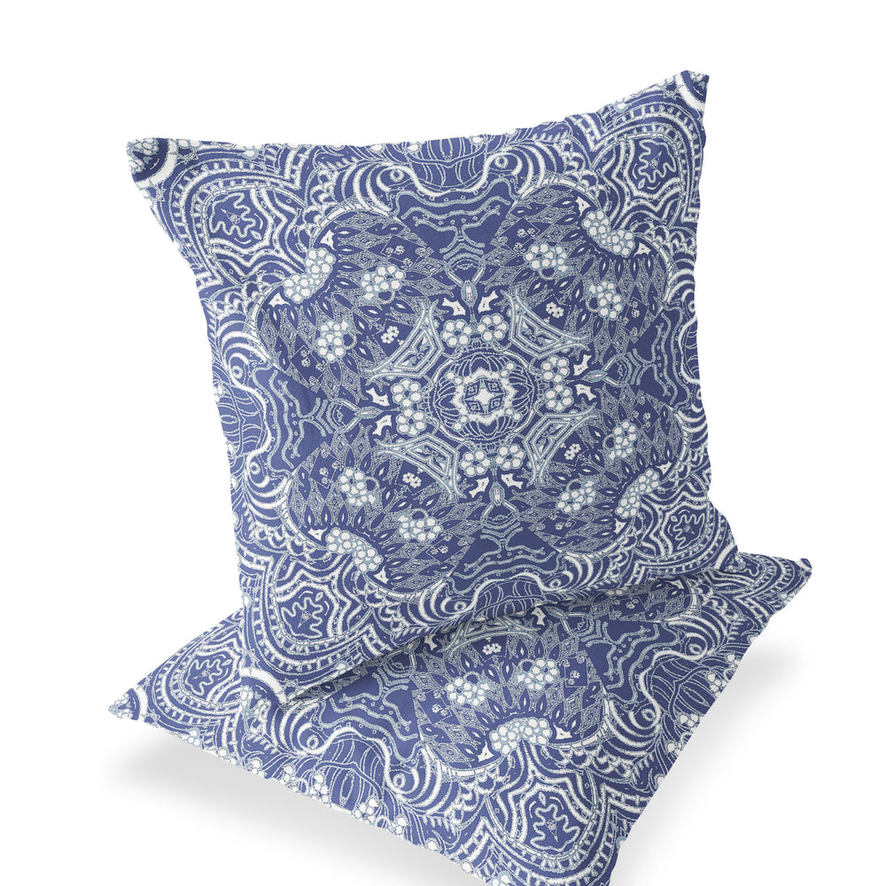 Homeroots Set Of Two 16" X 16" Blue And White Geometric Indoor Outdoor Throw Pillow  Polyester 535884