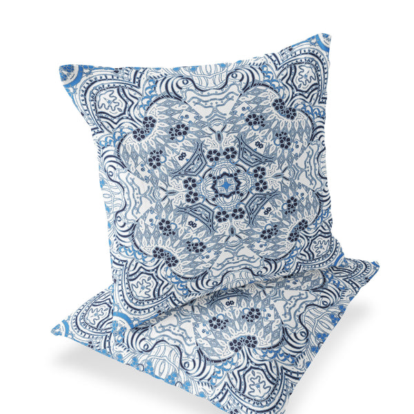 Homeroots Set Of Two 16" X 16" Blue And White Geometric Indoor Outdoor Throw Pillow  Polyester 535885